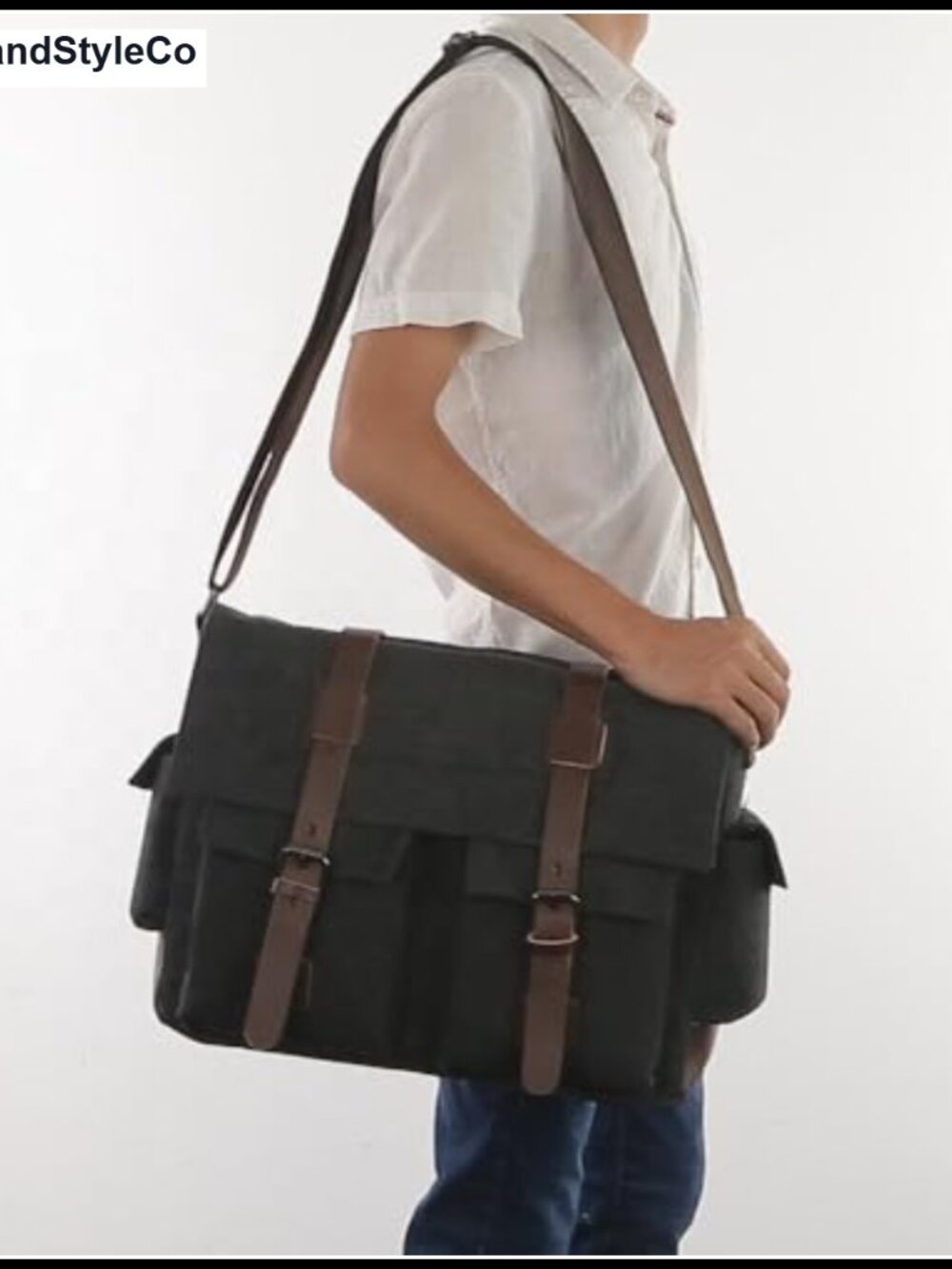 Canvas Leather Messenger Bag Laptop Briefcase Shoulder Bag Unisex - Picture 4 of 4